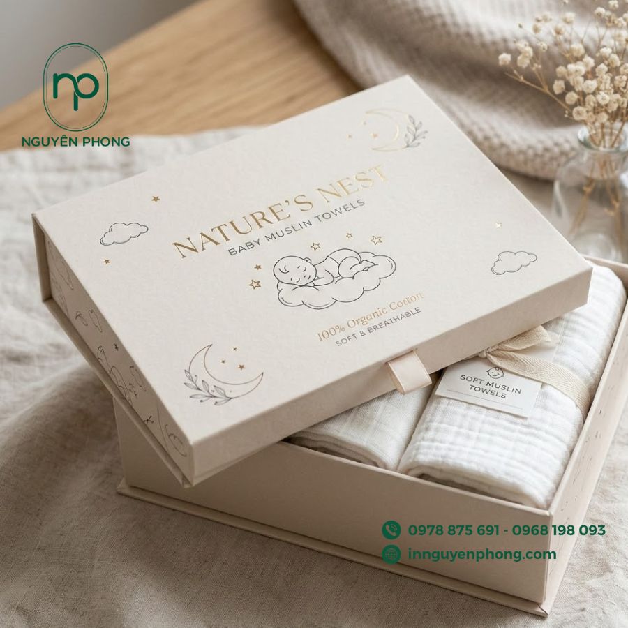 in hộp đựng khăn xô, khăn sữa cho em bé